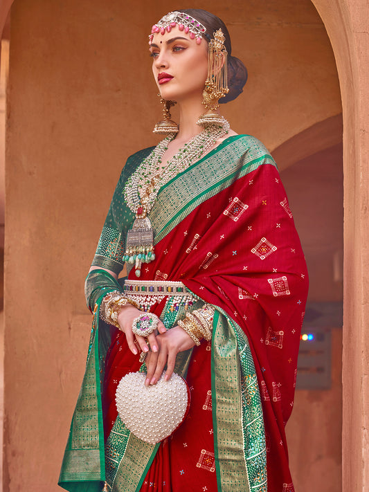 Red & Green Ethnic Motifs Woven Design Zari Saree