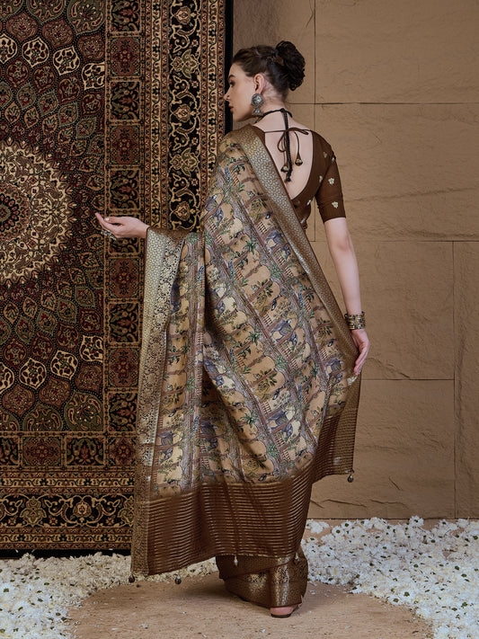 Beige Silk Blend Patola Style Digital Print Saree