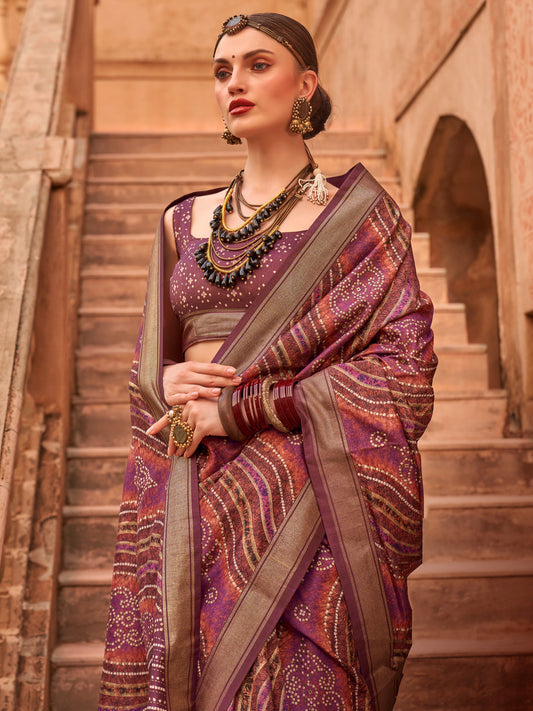 Violet Bandhani & Leheriya Style Silk Blend Saree
