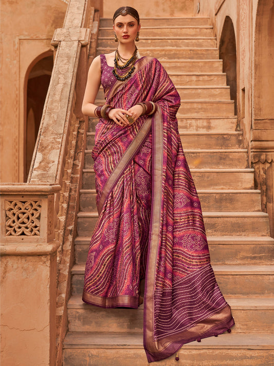 Violet Bandhani & Leheriya Style Silk Blend Saree