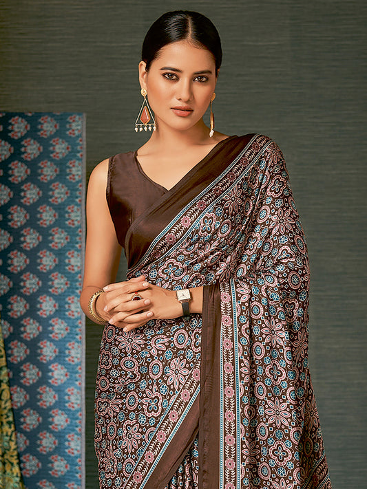 Chocolate Brown Ajrakh Silk Saree with Pink & Teal Floral Medallions, Teal Sun Pallu & Brown Blouse