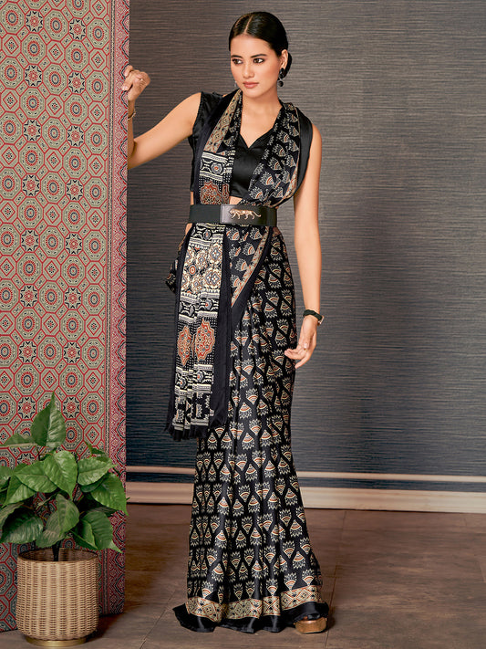 Black Ajrakh Silk Saree with Fan Motif Body, Block Print Pallu & Black Blouse