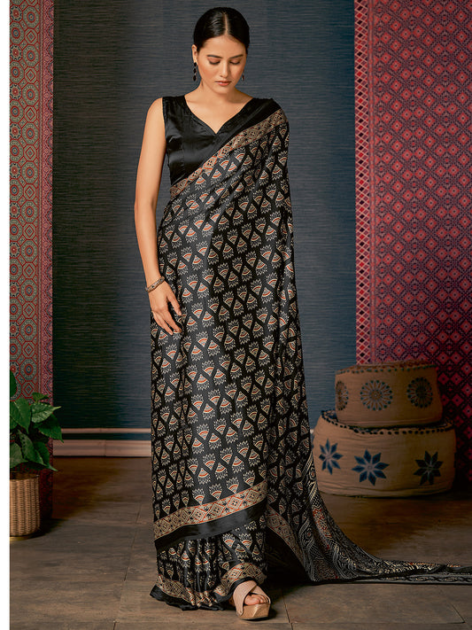 Black Ajrakh Silk Saree with Fan Motif Body, Block Print Pallu & Black Blouse
