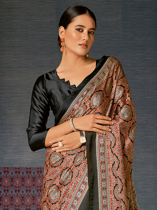 Rust Red Ajrakh Silk Saree with Geometric Sun Medallions, Paisley Buttas & Black Blouse