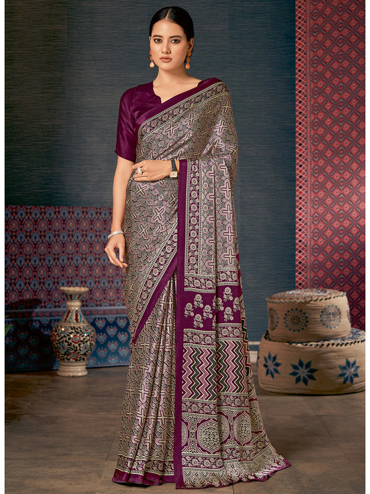 Beige Ajrakh Silk Saree with Wine Geometric Cross & Paisley Print, Grand Medallion Pallu & Wine Blouse