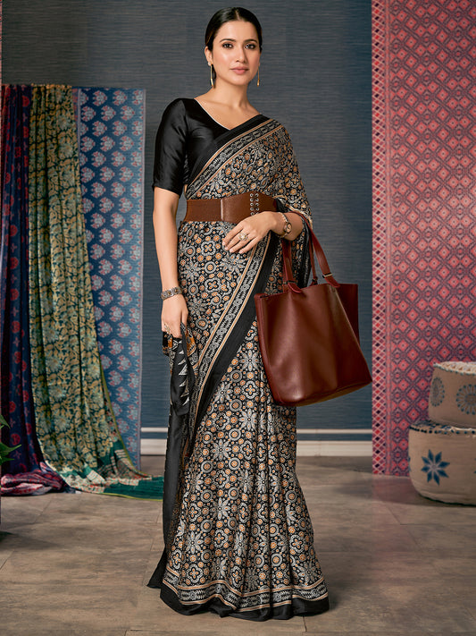 Black Ajrakh Silk Saree with Multicolour Floral Medallion