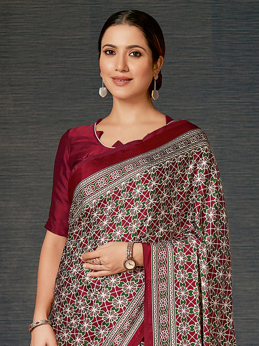 Ivory Ajrakh Silk Saree with Maroon & Green Geometric Star Lattice & Maroon Blouse