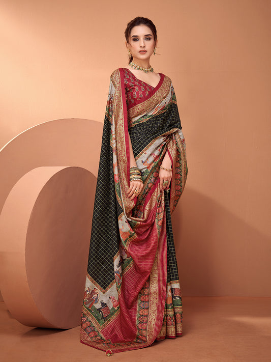 Black  Maroon Silk Blend  Patola Inspired Weaving Zari Border  Blouse Saree