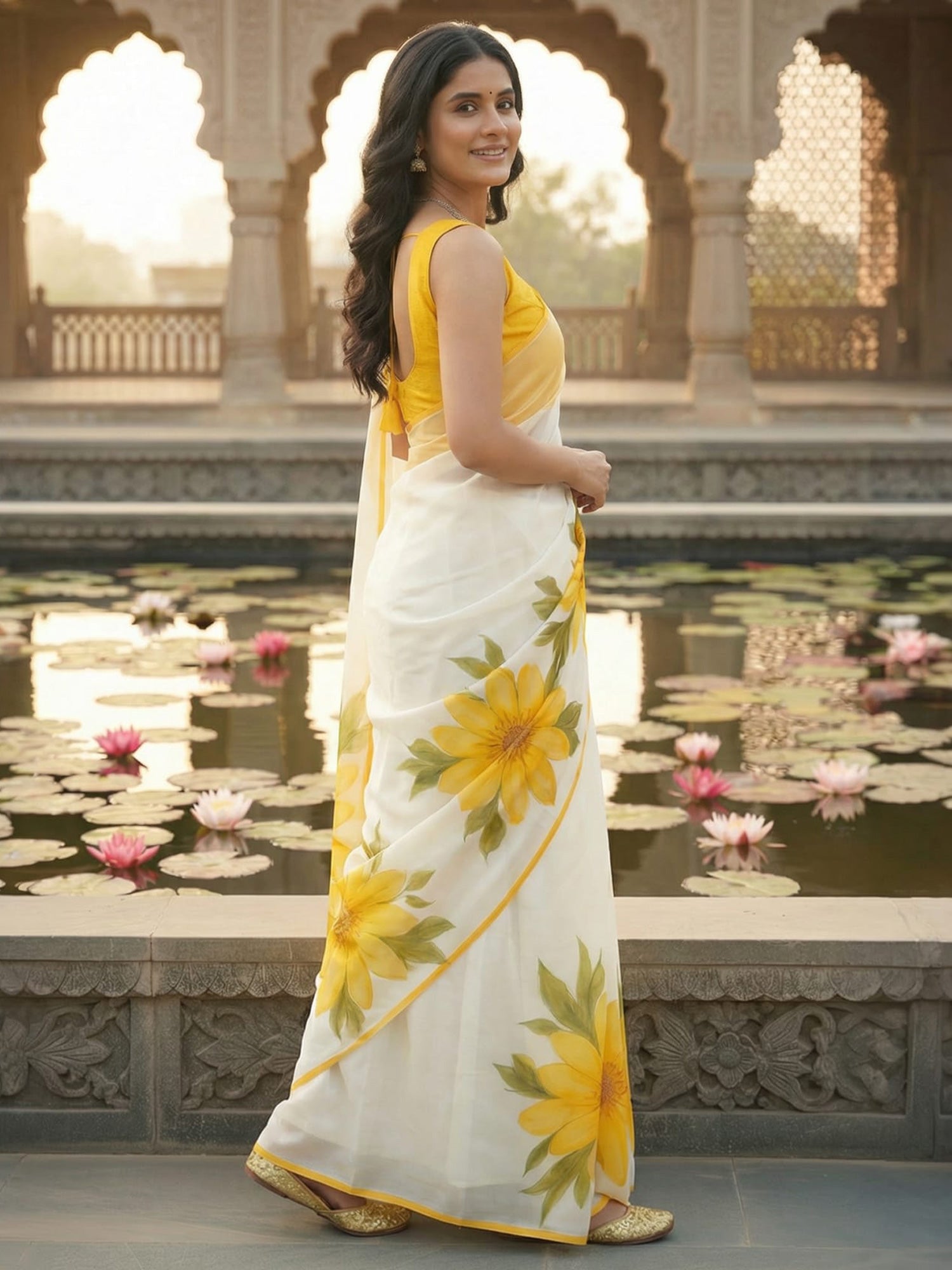 Woman in a yellow and white saree with floral patterns standing by a pond with lilies.