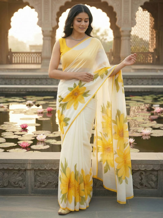 White & Yellow Floral Chiffon Saree