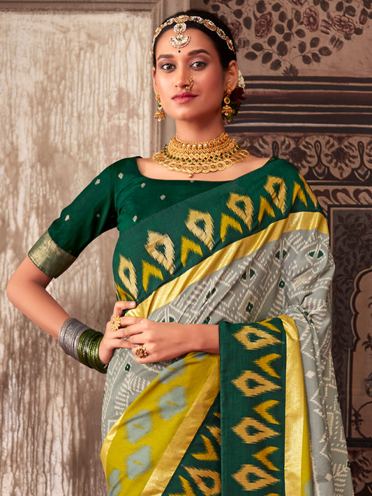 Grey & Green Patola Style Silk Blend Saree
