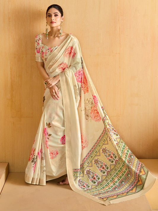 Cream Tussar Silk Blend  Botanical Floral Print  Zari Border Blouse Saree