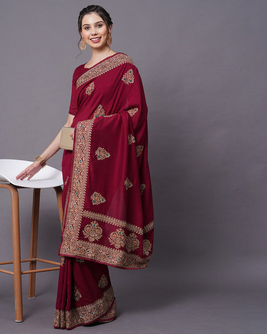 Maroon Georgette Silk Intricate Resham Saree