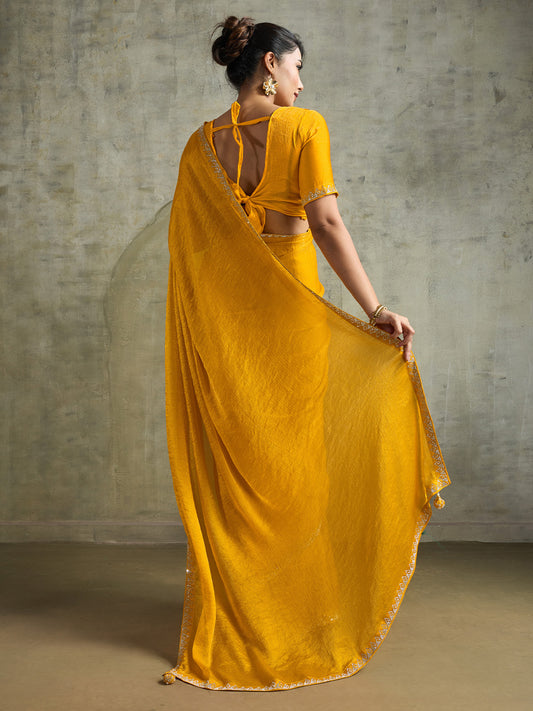 Mustard Yellow Silk Blend Solid Textured Saree