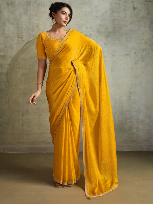 Mustard Yellow Silk Blend Solid Textured Saree