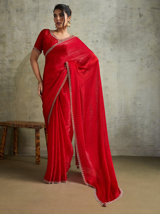 Royal Red Tissue Silk Saree With Zarkhan Work