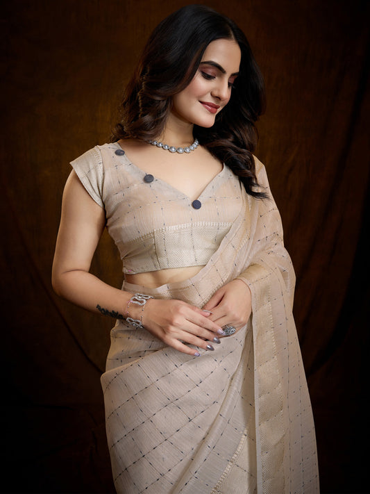 Cream Chanderi Silk Golden Zari Weaving Tassel Detail  Blouse Saree