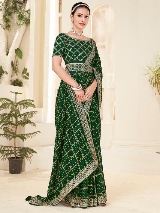 Dark Green Silk Blend Bandhani Print saree