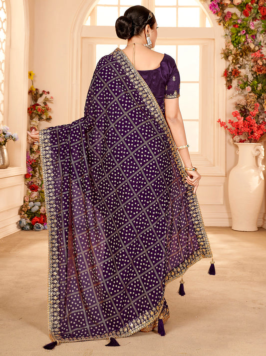Purple Silk Blend Bandhani Print saree