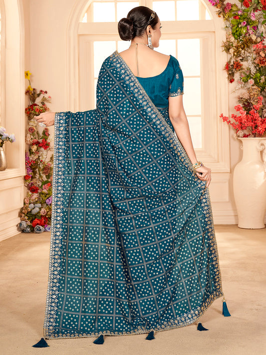Sophisticated Rama Blue Embroidered Saree