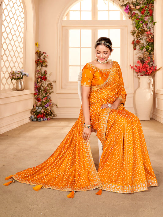 Yellow Silk Blend Bandhani Print saree