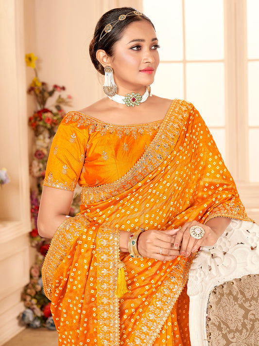 Mustard Yellow Silk Blend Golden Zari Grid Work Embroidered Border  Designer Blouse Saree
