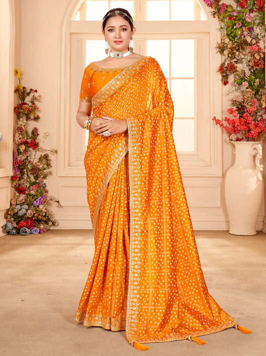 Mustard Yellow Silk Blend Golden Zari Grid Work Embroidered Border  Designer Blouse Saree
