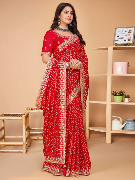 Red Vichitra Bandhani Print Gota Patti Border Saree