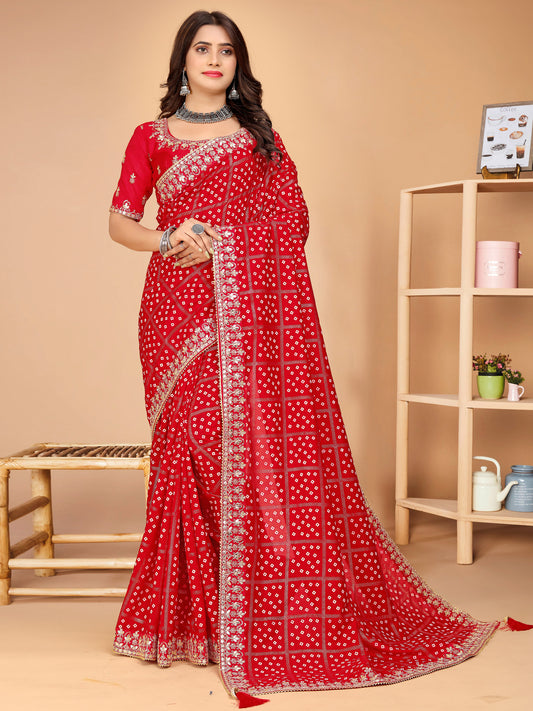 Red Vichitra Bandhani Print Gota Patti Border Saree