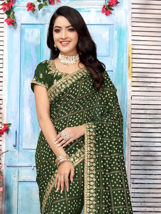 Rama Green Silk Bandhani Print Saree