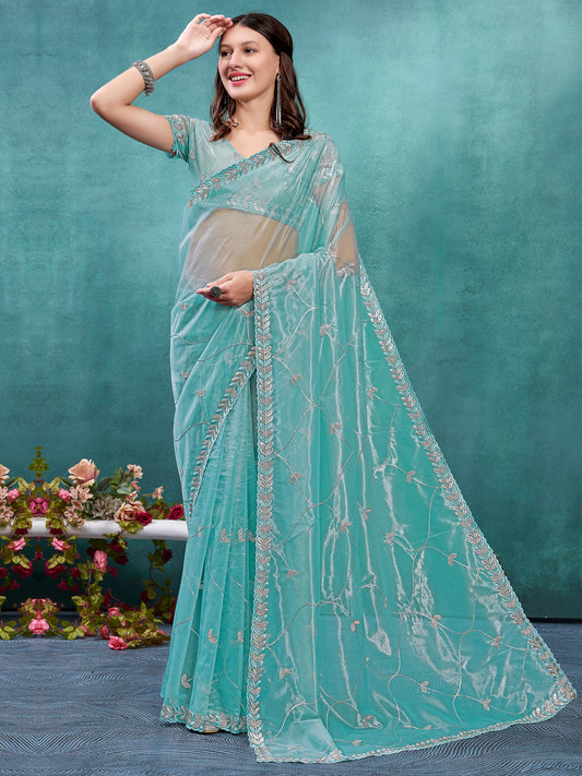 Sky Blue Soft Net With Silver Zari And Beads Work Saree