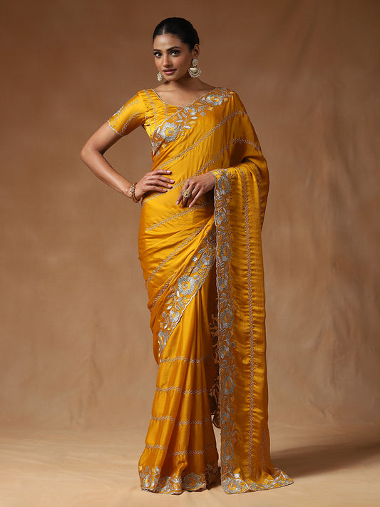 Mustard Yellow Chiffon With Silver Gota Patti Work Saree