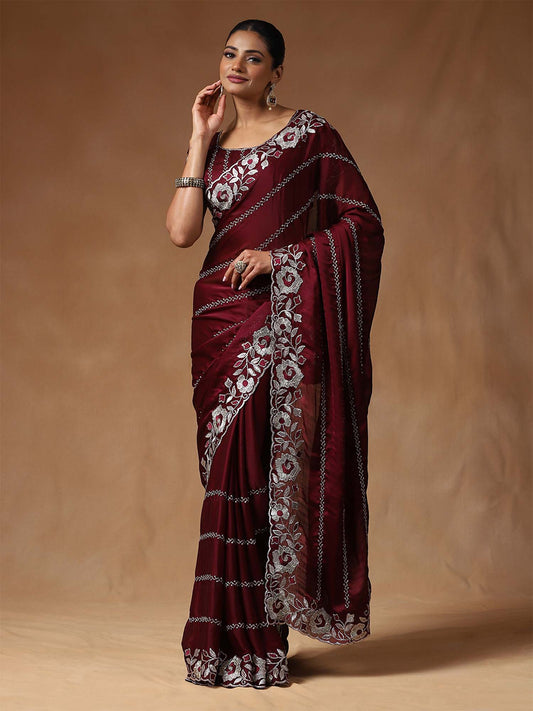Floral Embroidered Beads and Stones Satin Saree