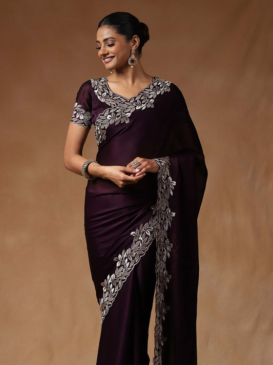 Wine Embellished Beads Border Satin Chiffon  Saree