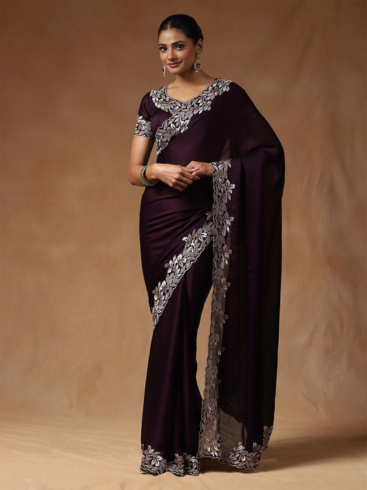 Wine Embellished Beads Border Satin Chiffon  Saree