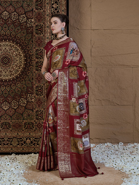 Maroon Viscose Silk Kalamkari Style Patch Prints Saree