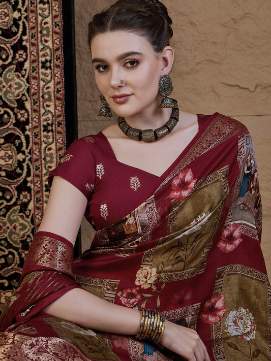 Maroon Viscose Silk Kalamkari Style Patch Prints Saree