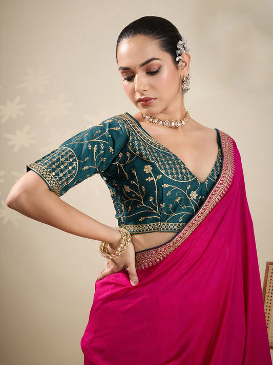 Pink Chiffon Embroidered Border Saree