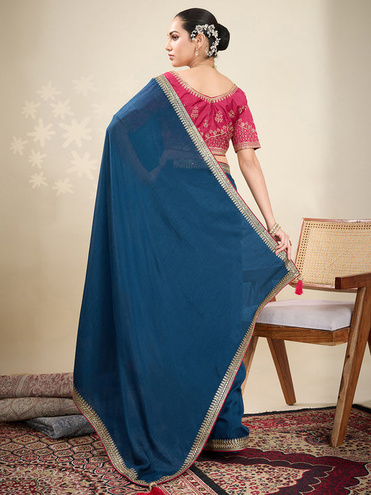 Teal Blue Silk Blend Embroidered Saree