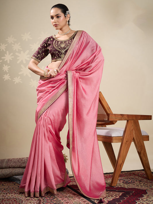 Peach Plain Georgette Embellished Border Saree