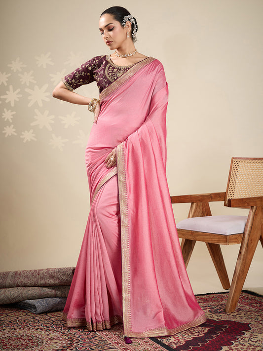 Peach Plain Georgette Embellished Border Saree