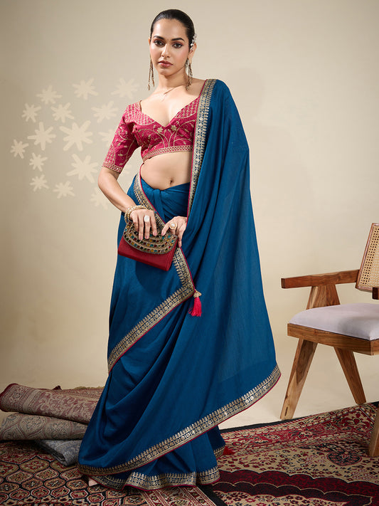 Teal Blue Embroidered Silk Blend Saree