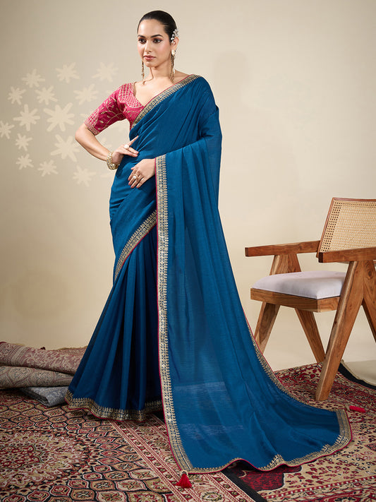 Teal Blue Embroidered Silk Blend Saree