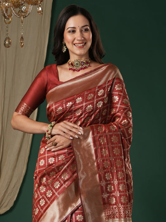 Saree Rust Red Geometric Grid Banarasi Silk