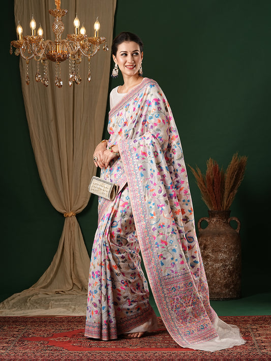 White Floral Kashmiri Silk Saree