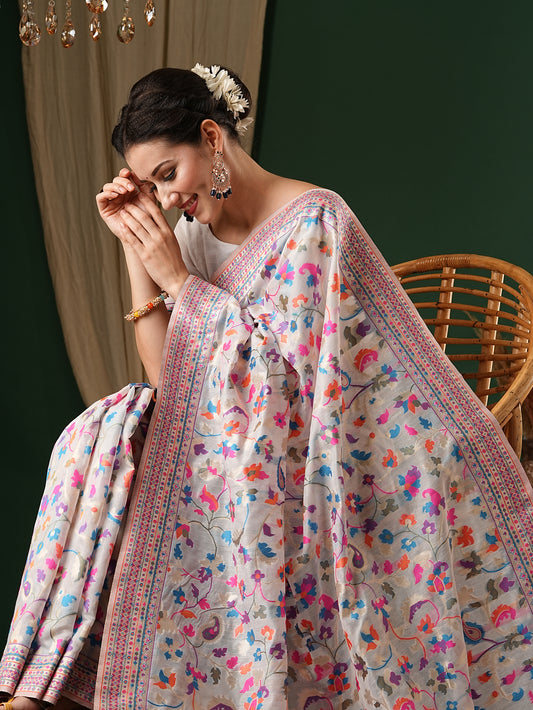 White Floral Kashmiri Silk Saree