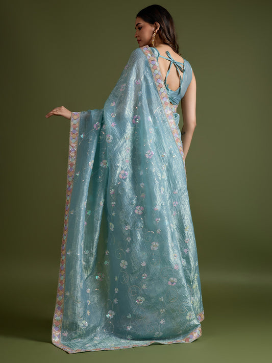 Sky Blue Organza Embroidered Saree with Blouse