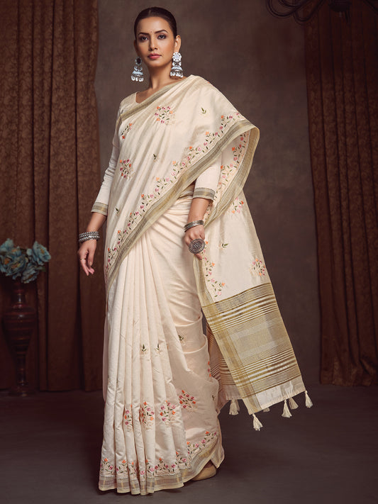 Heritage Off-White and Cream Silk Blend Saree