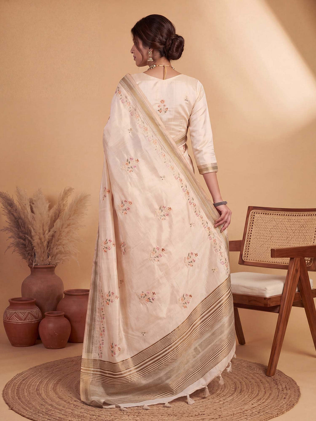 woven design saree
white colour saree
