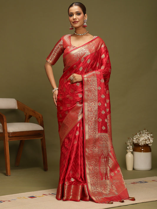 Ruby Red Vichitra Silk Intricate Zari Weaving Saree
